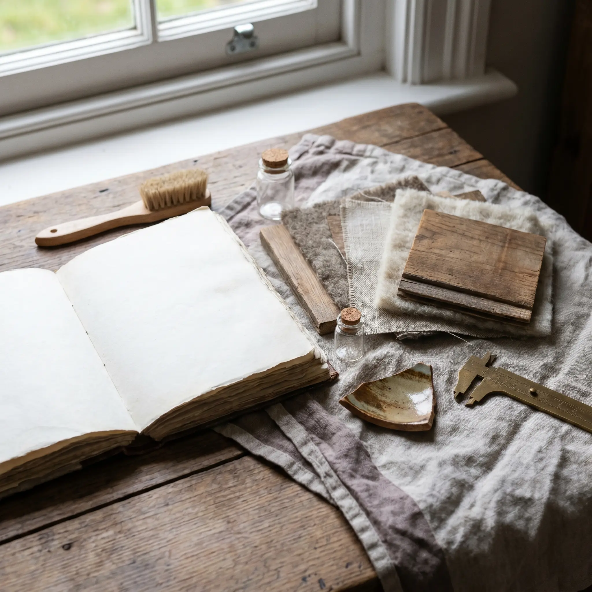 A close tabletop study of notes, material samples, and compact care tools