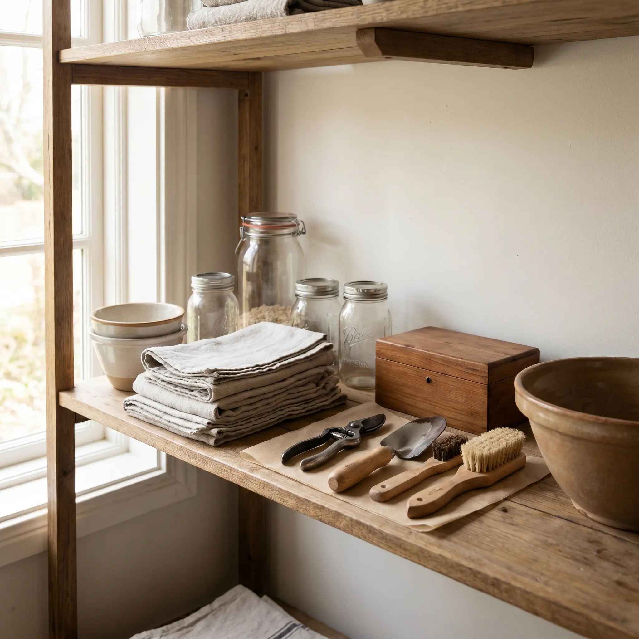Calm storage shelf with separated household objects and care materials