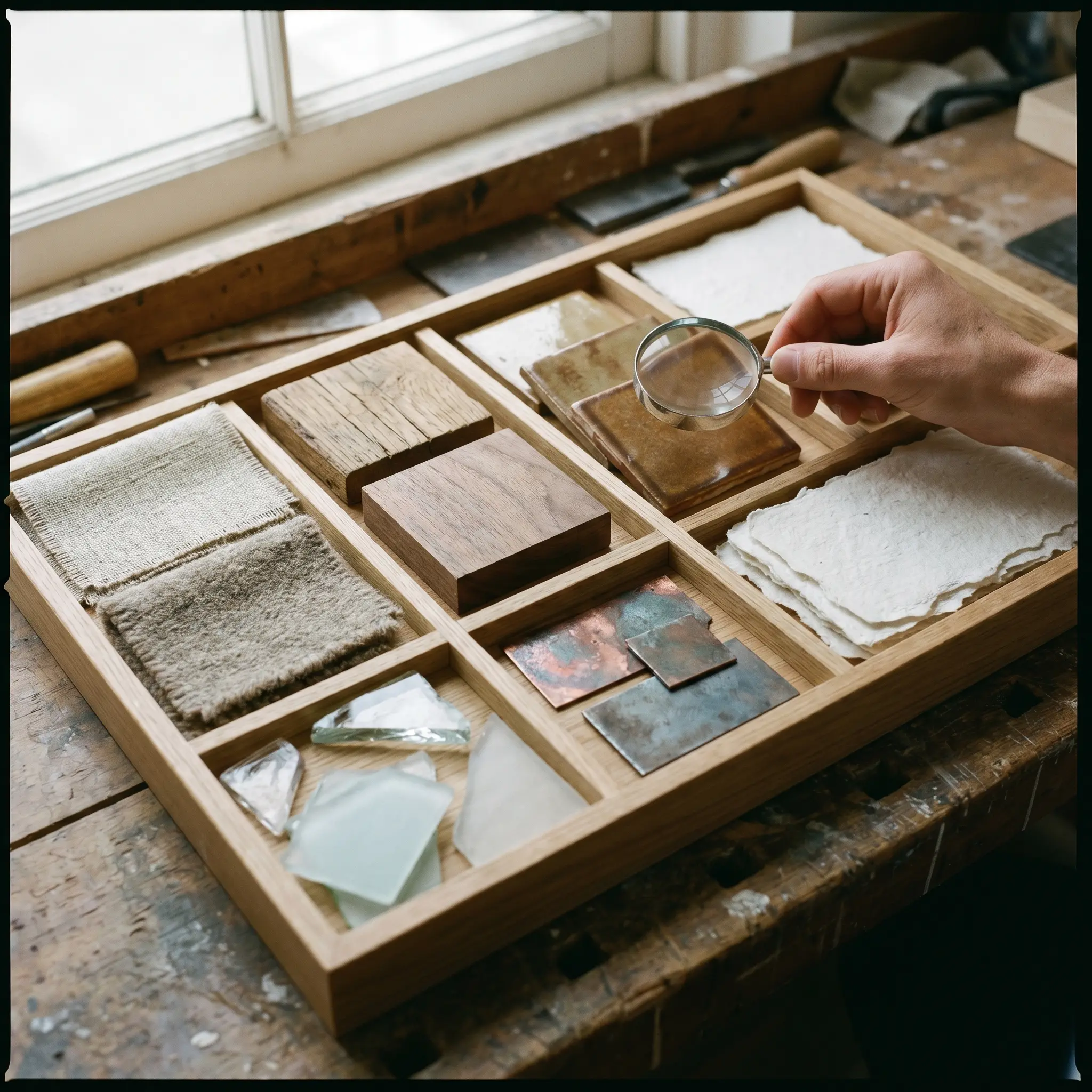 Organized material samples and hand tools on a pale tabletop