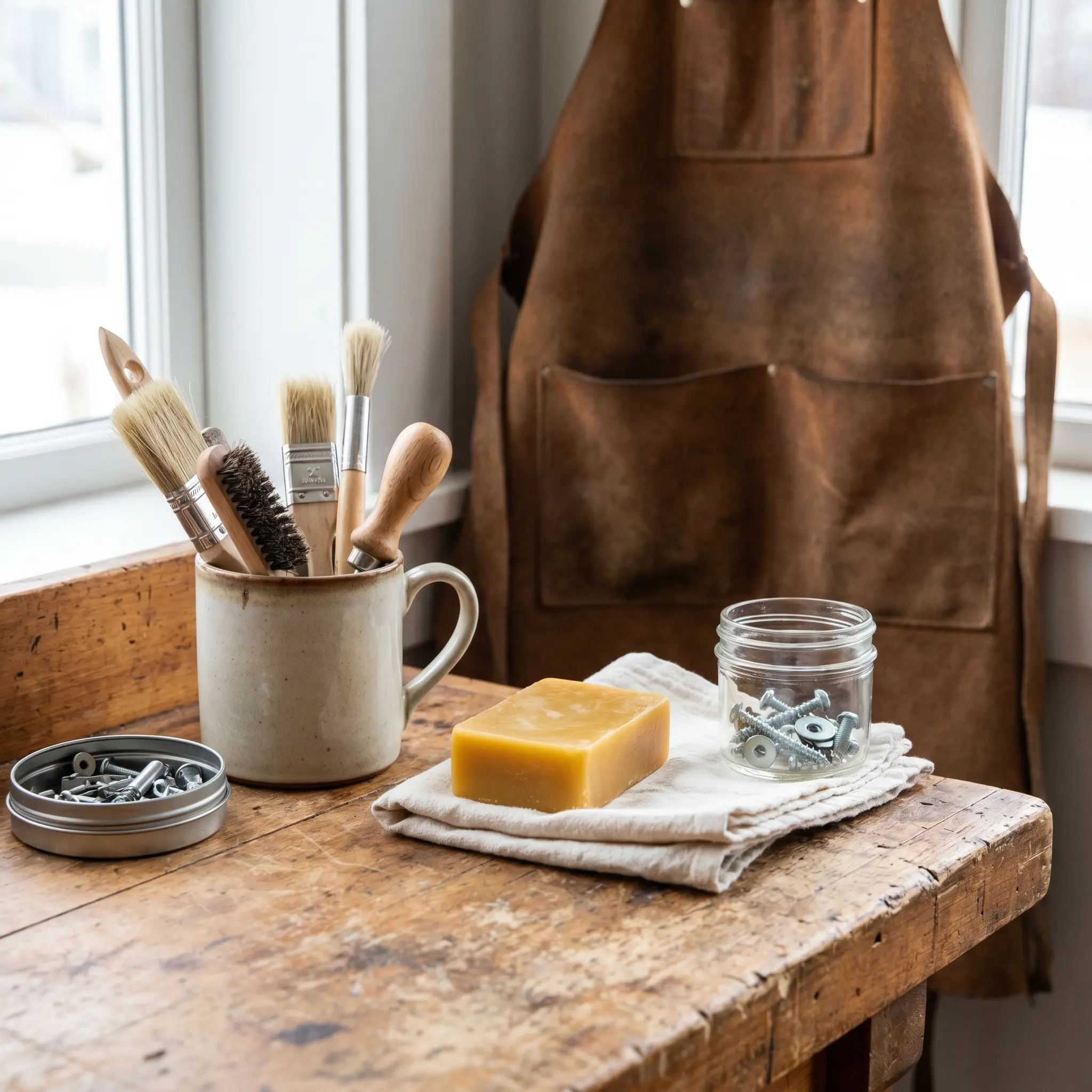 Small repair station with brushes, cloth, wax, and household hardware