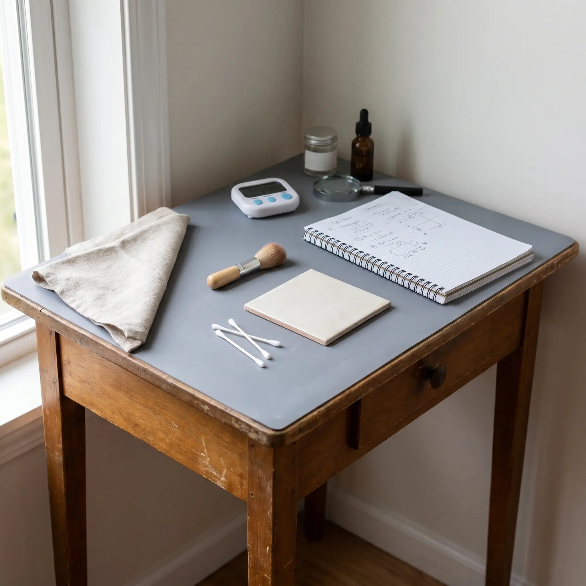 Small hidden test setup with cloth, brush, tile, and notebook